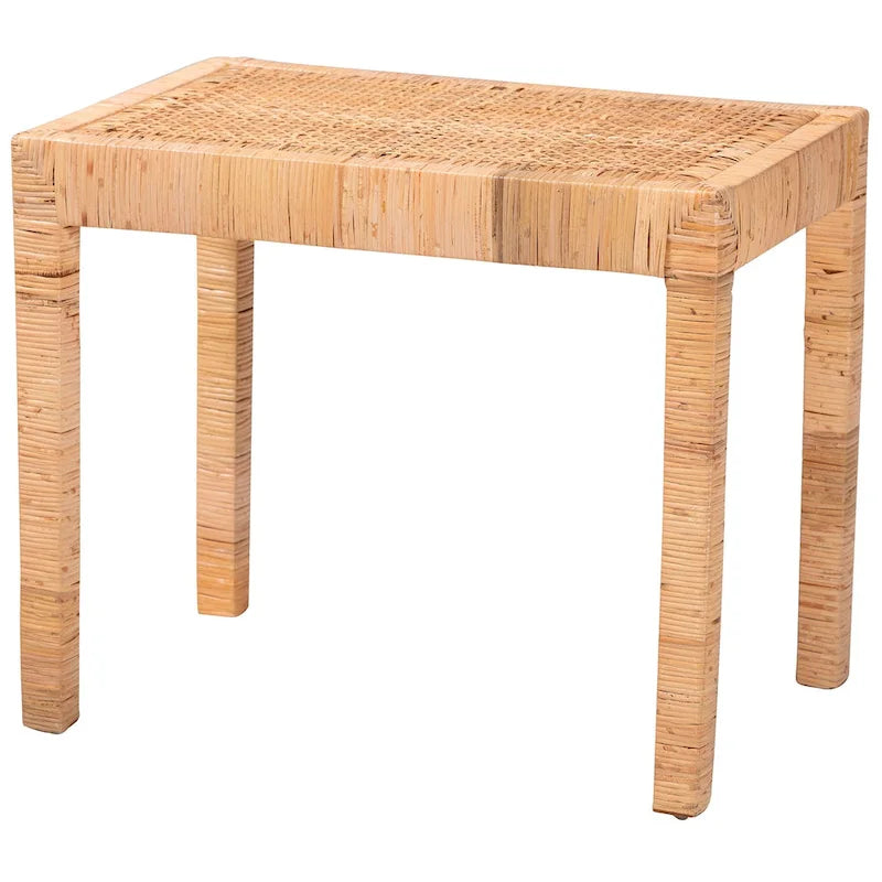 Woven Rattan Mahogany Wood Rectangular Accent Bench Natural Brown