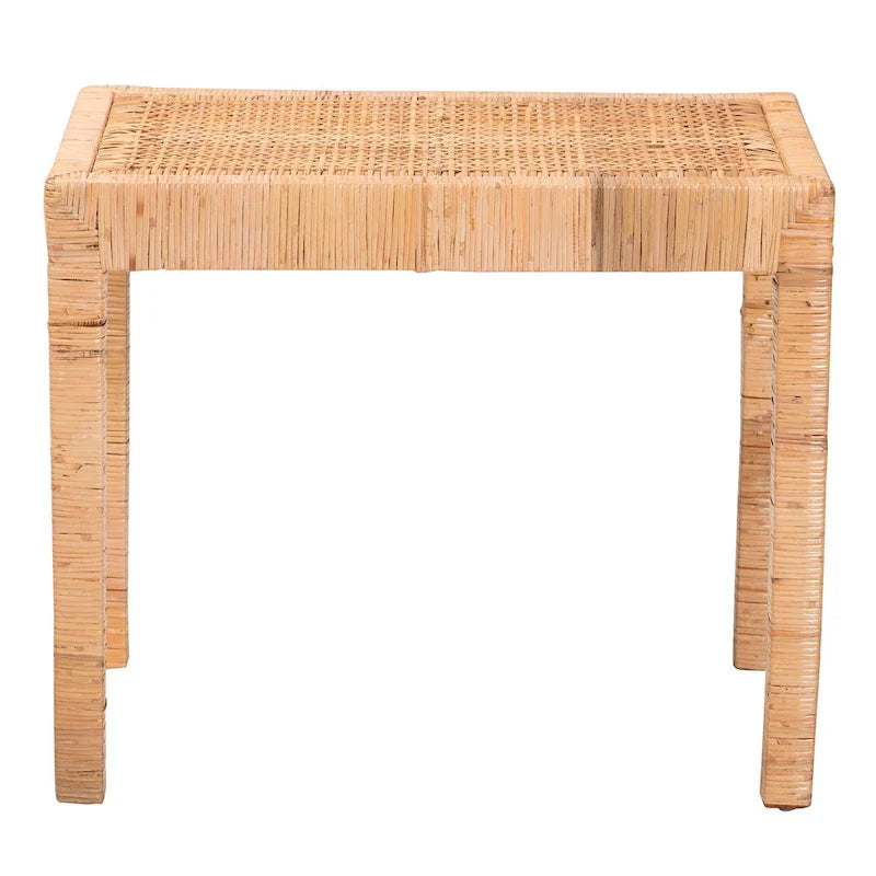 Woven Rattan Mahogany Wood Rectangular Accent Bench Natural Brown
