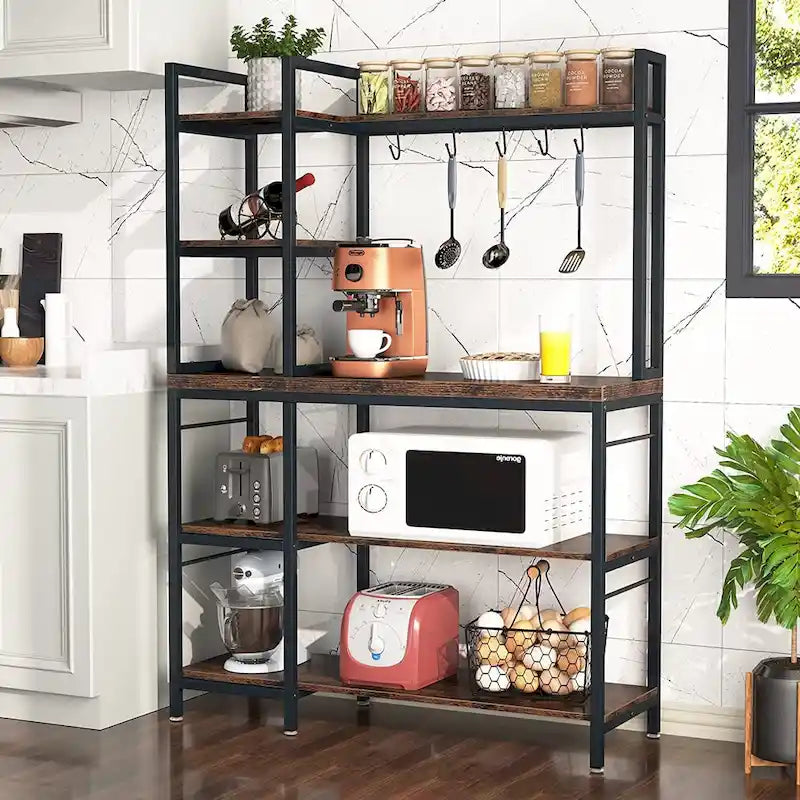 5-Tier Bakers Rack with Storage Hutch, Rustic Brown & Black Metal