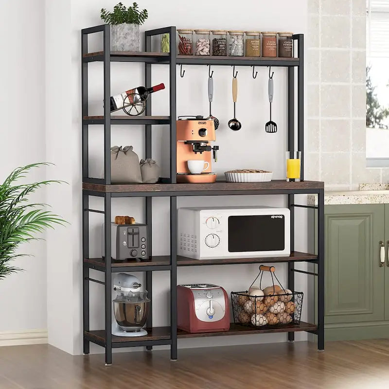 5-Tier Bakers Rack with Storage Hutch, Rustic Brown & Black Metal