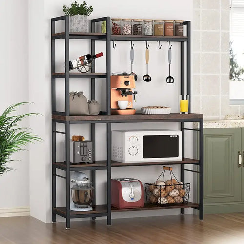 5-Tier Bakers Rack with Storage Hutch, Rustic Brown & Black Metal