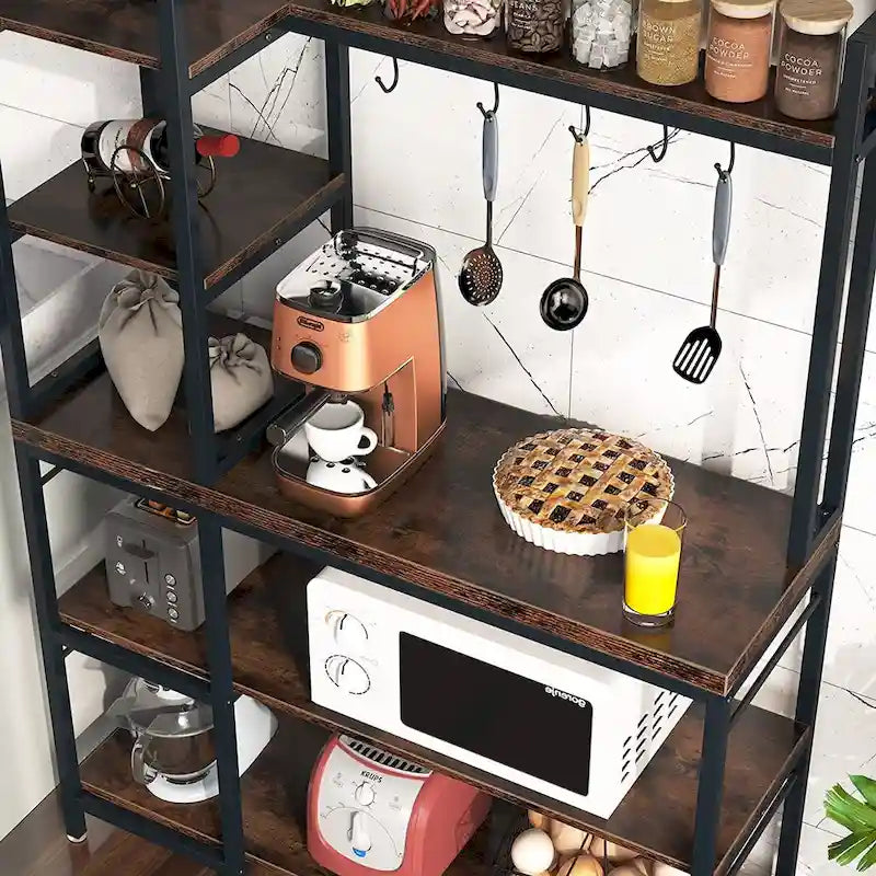 5-Tier Bakers Rack with Storage Hutch, Rustic Brown & Black Metal