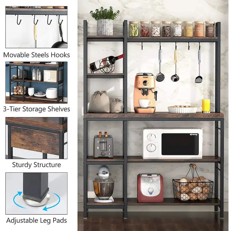 5-Tier Bakers Rack with Storage Hutch, Rustic Brown & Black Metal