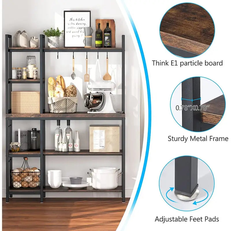 5-Tier Bakers Rack with Storage Hutch, Rustic Brown & Black Metal