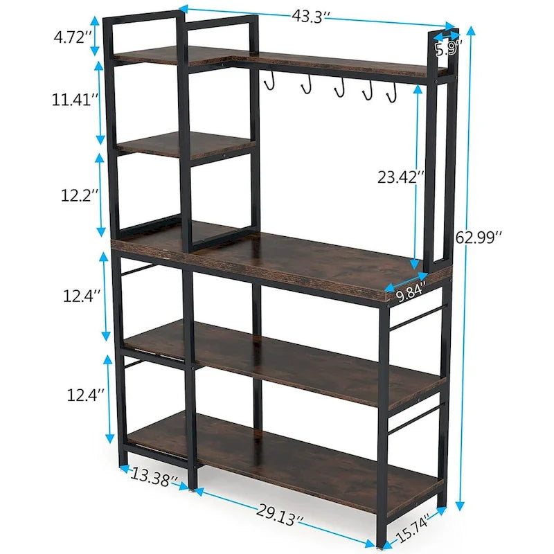 5-Tier Bakers Rack with Storage Hutch, Rustic Brown & Black Metal