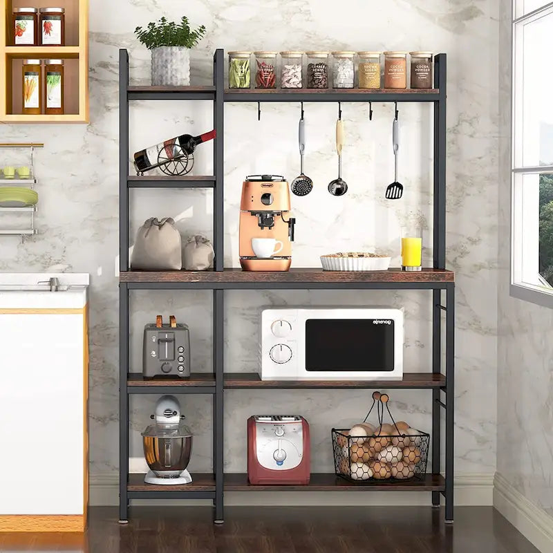 5-Tier Bakers Rack with Storage Hutch, Rustic Brown & Black Metal