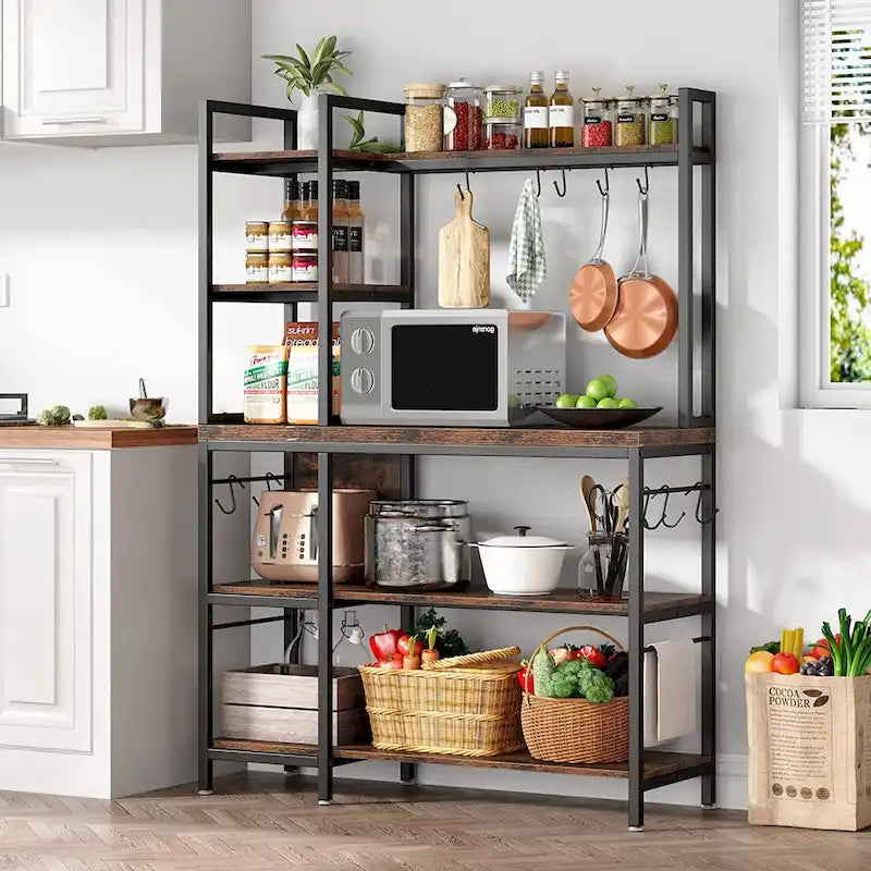5-Tier Bakers Rack with Storage Hutch, Rustic Brown & Black Metal