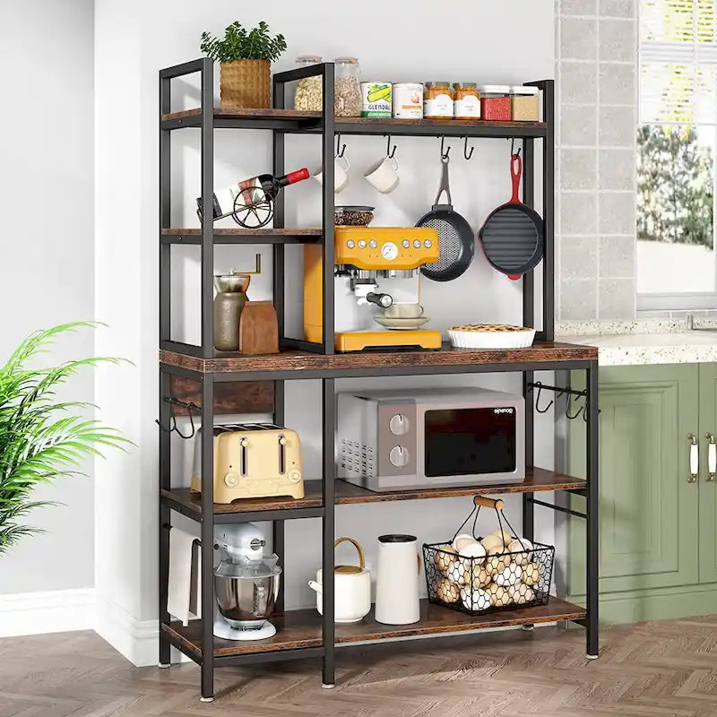5-Tier Bakers Rack with Storage Hutch, Rustic Brown & Black Metal