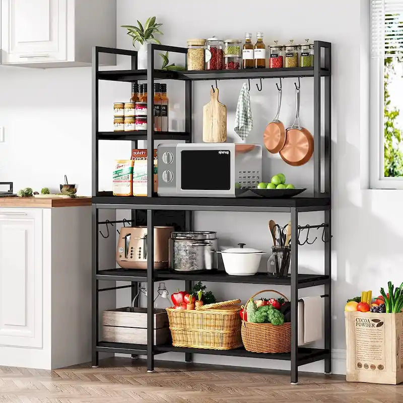5-Tier Bakers Rack with Storage Hutch, Rustic Brown & Black Metal