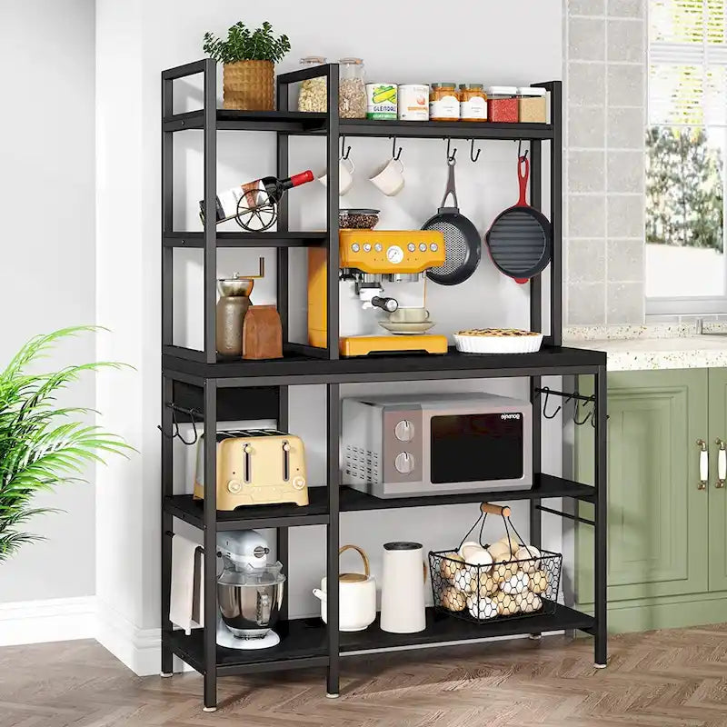 5-Tier Bakers Rack with Storage Hutch, Rustic Brown & Black Metal