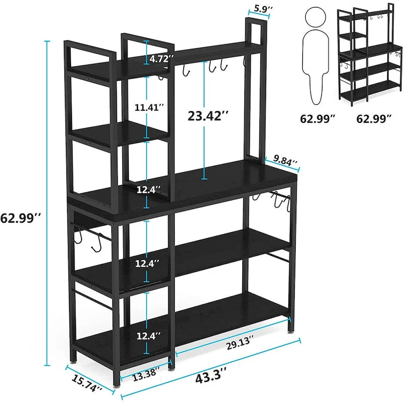 5-Tier Bakers Rack with Storage Hutch, Rustic Brown & Black Metal