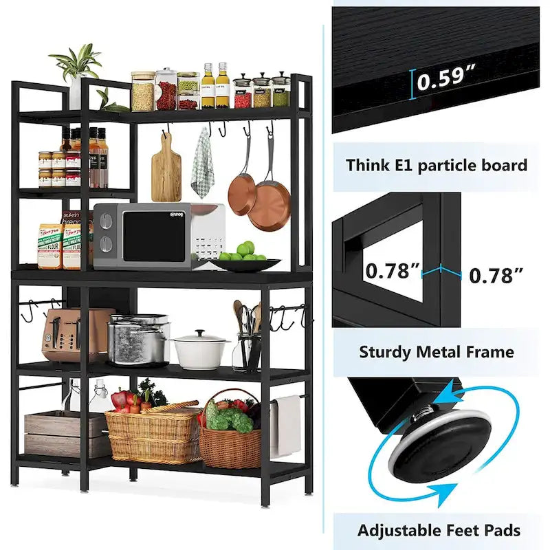 5-Tier Bakers Rack with Storage Hutch, Rustic Brown & Black Metal