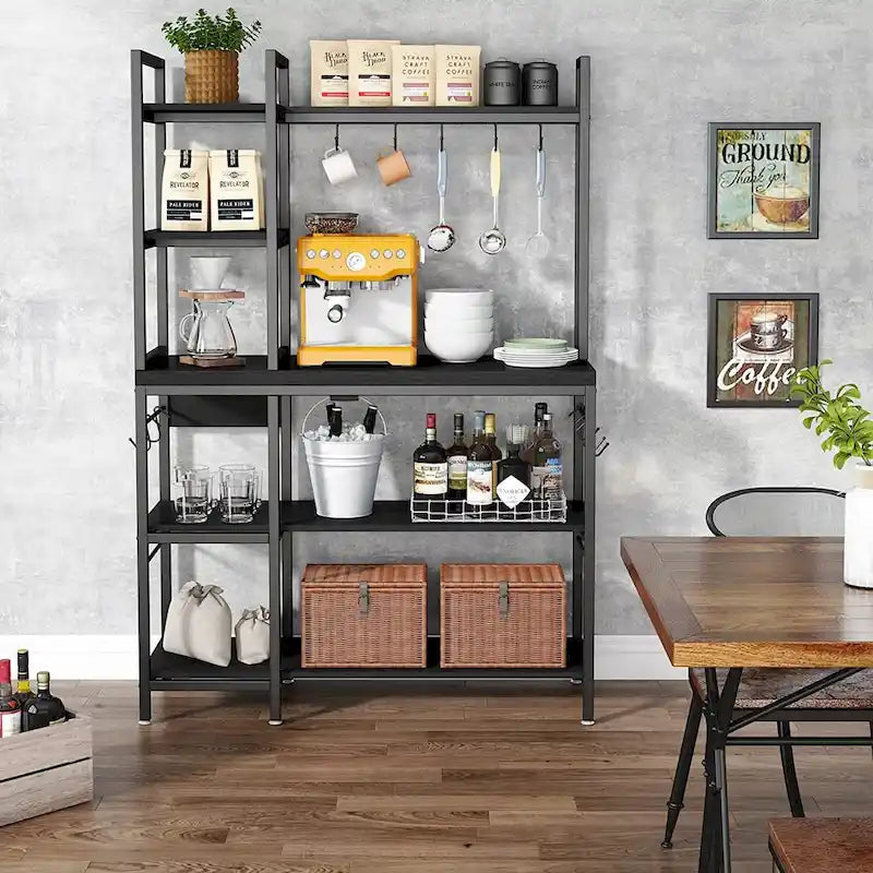 5-Tier Bakers Rack with Storage Hutch, Rustic Brown & Black Metal