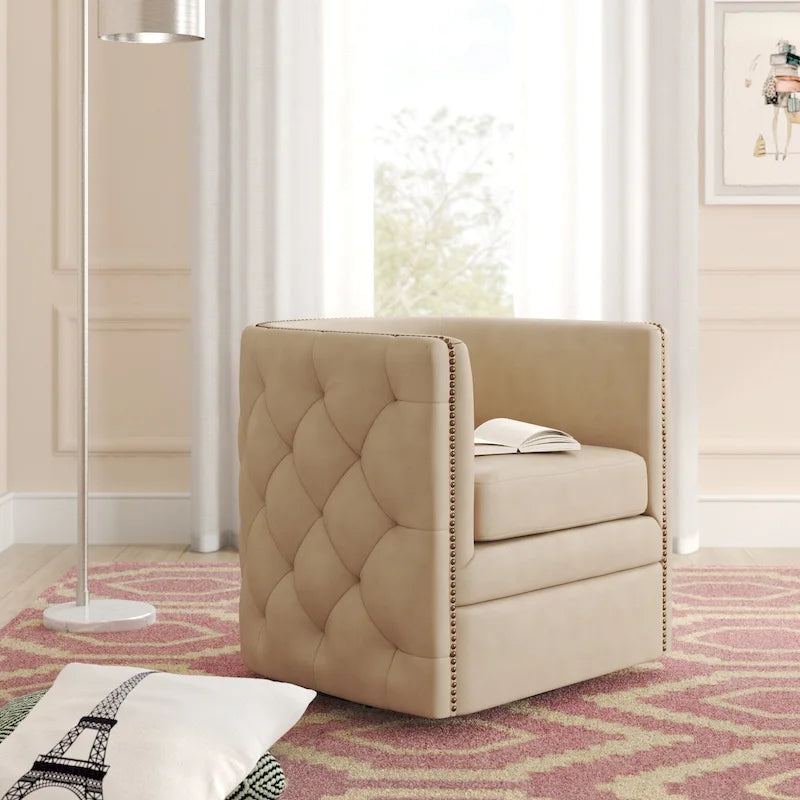Top Grain Leather Tufted Swivel Barrel Accent Chair Cream Brown