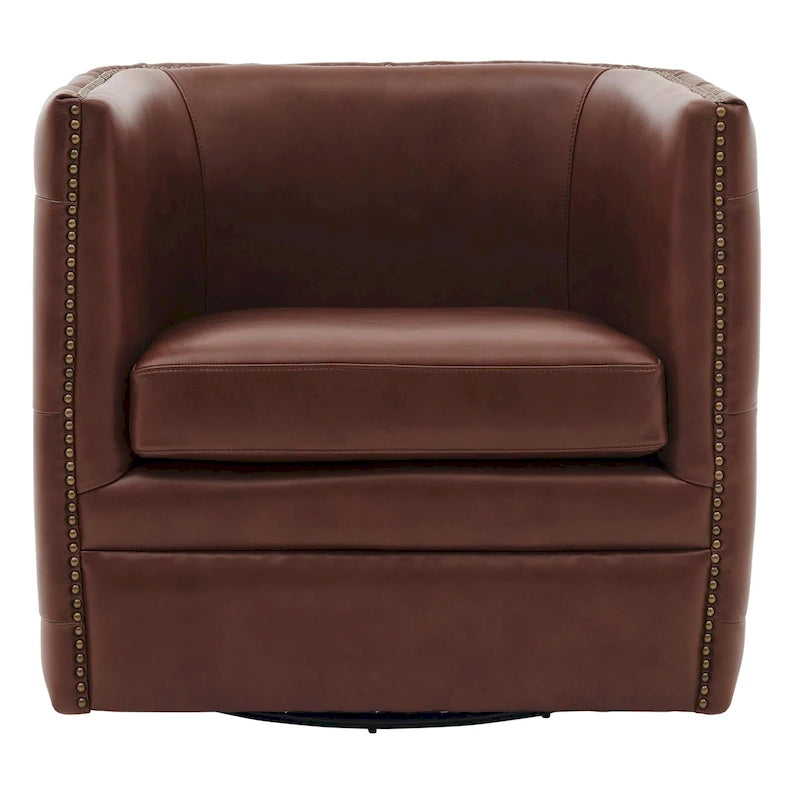 Top Grain Leather Tufted Swivel Barrel Accent Chair Cream Brown