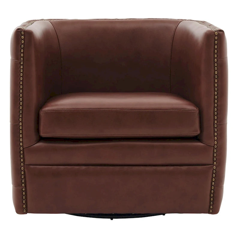 Top Grain Leather Tufted Swivel Barrel Accent Chair Cream Brown