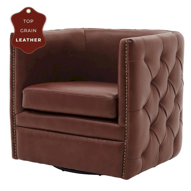Top Grain Leather Tufted Swivel Barrel Accent Chair Cream Brown