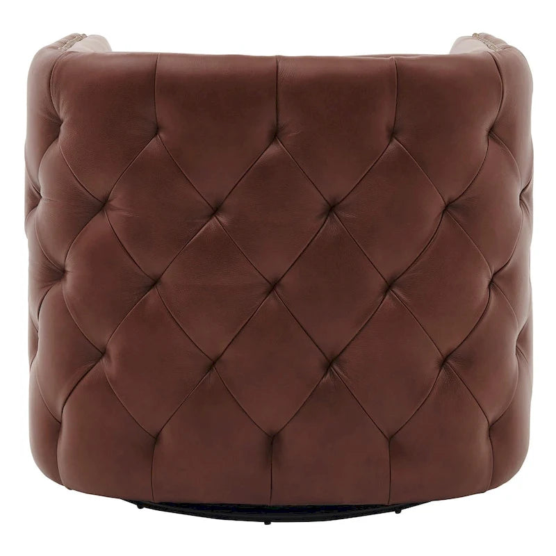 Top Grain Leather Tufted Swivel Barrel Accent Chair Cream Brown