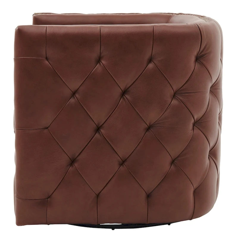 Top Grain Leather Tufted Swivel Barrel Accent Chair Cream Brown