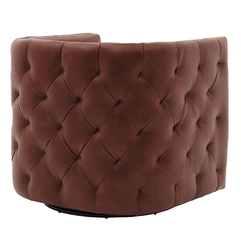 Top Grain Leather Tufted Swivel Barrel Accent Chair Cream Brown