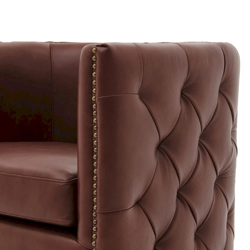 Top Grain Leather Tufted Swivel Barrel Accent Chair Cream Brown