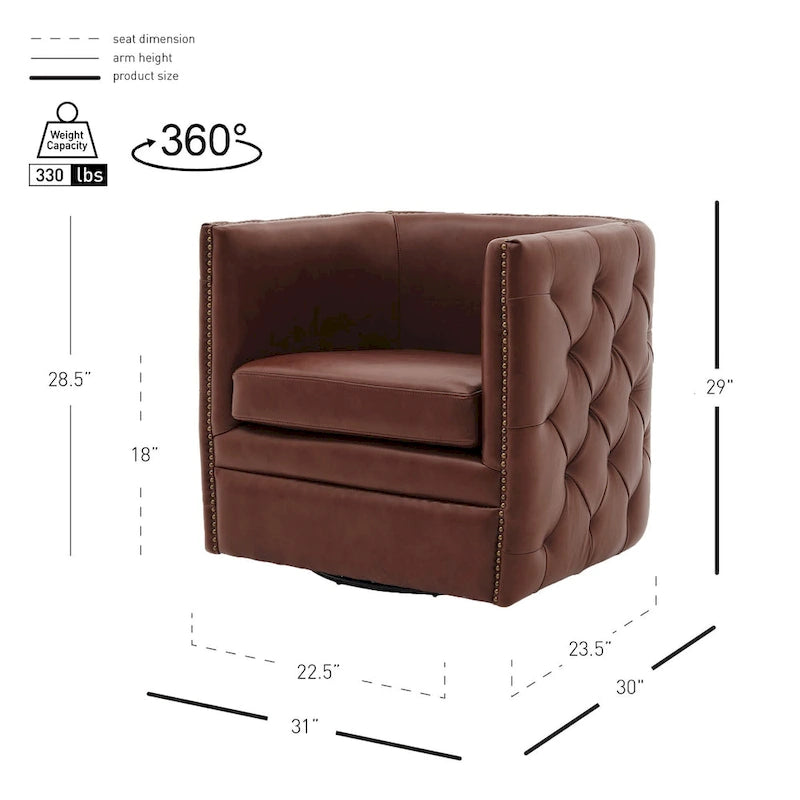 Top Grain Leather Tufted Swivel Barrel Accent Chair Cream Brown