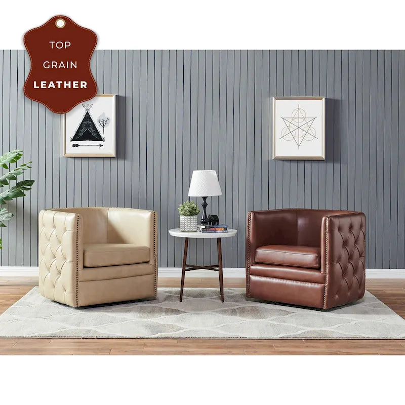 Top Grain Leather Tufted Swivel Barrel Accent Chair Cream Brown