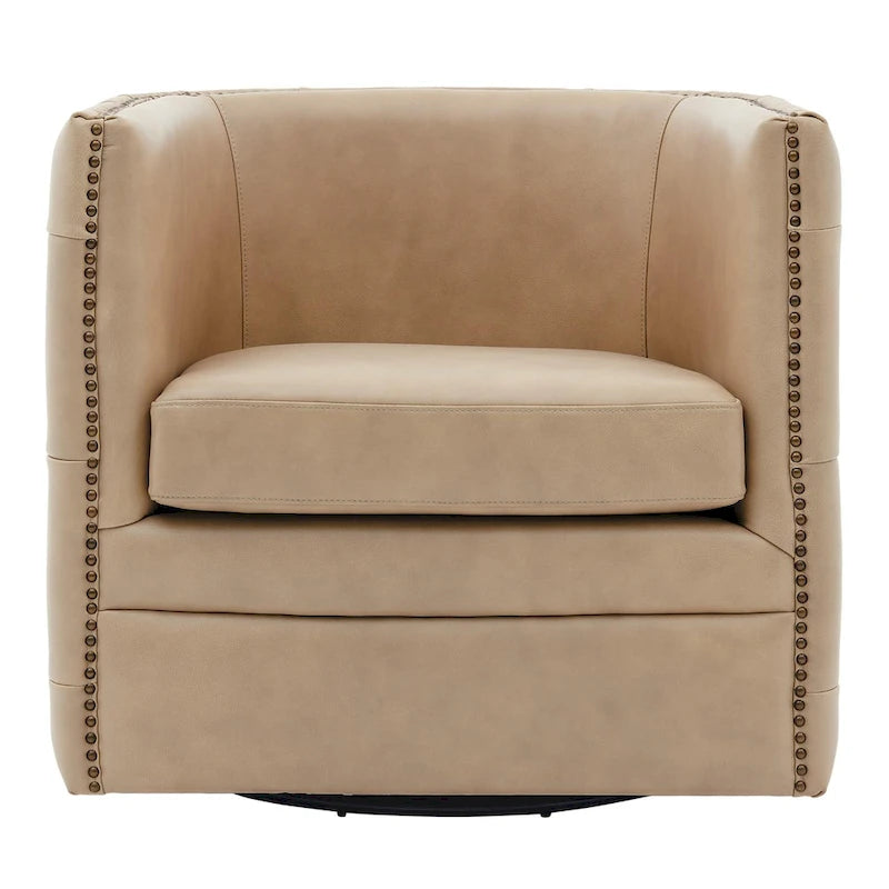 Top Grain Leather Tufted Swivel Barrel Accent Chair Cream Brown