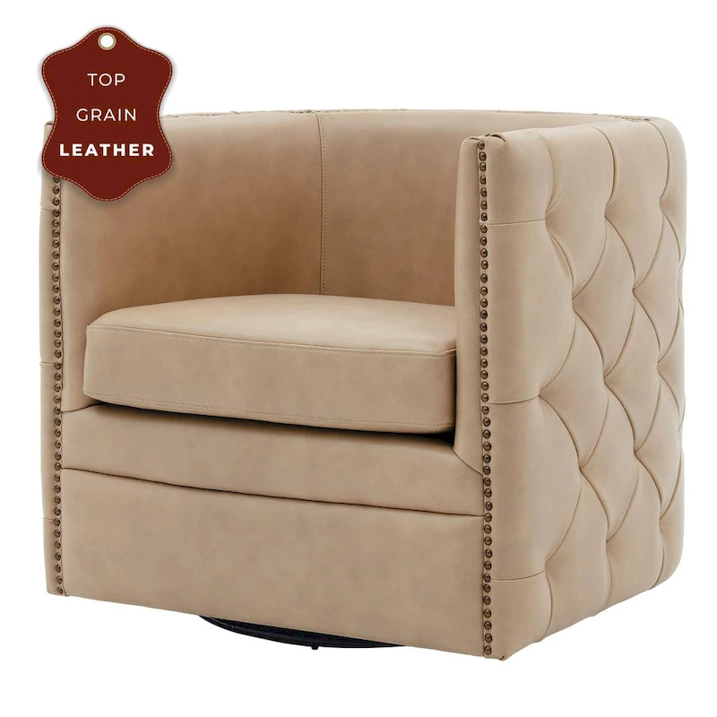 Top Grain Leather Tufted Swivel Barrel Accent Chair Cream Brown