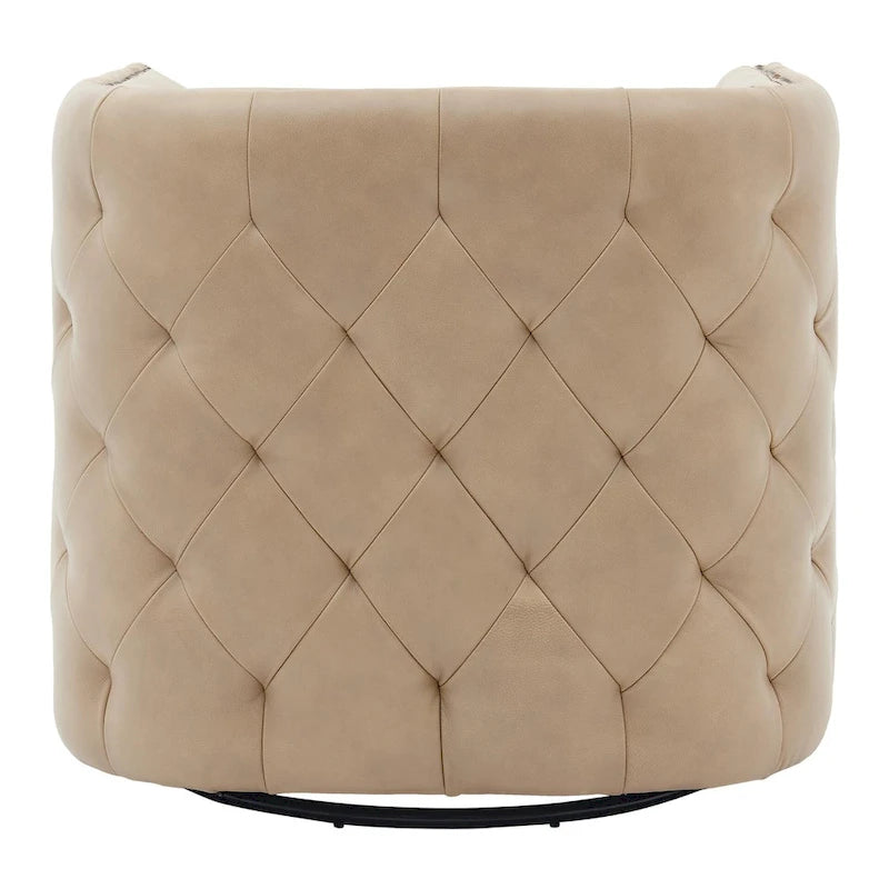 Top Grain Leather Tufted Swivel Barrel Accent Chair Cream Brown
