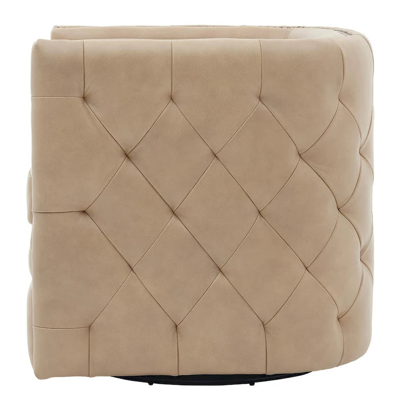 Top Grain Leather Tufted Swivel Barrel Accent Chair Cream Brown