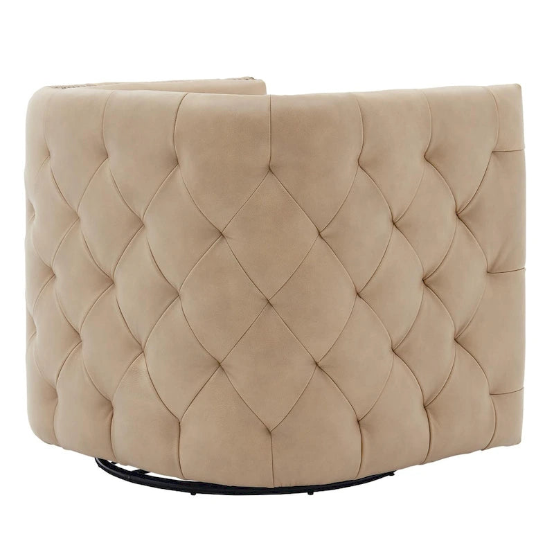 Top Grain Leather Tufted Swivel Barrel Accent Chair Cream Brown