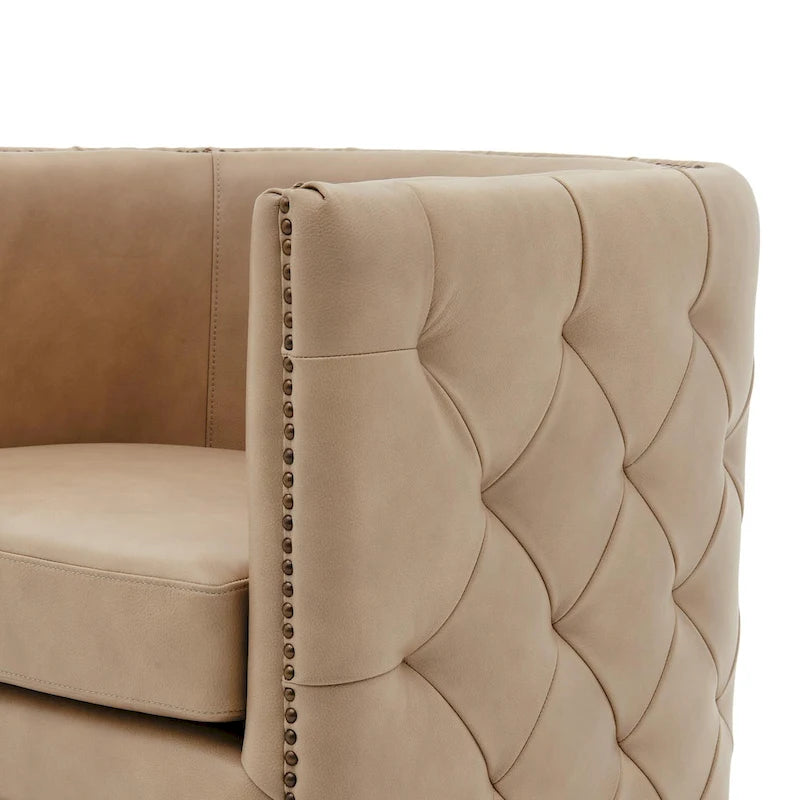 Top Grain Leather Tufted Swivel Barrel Accent Chair Cream Brown