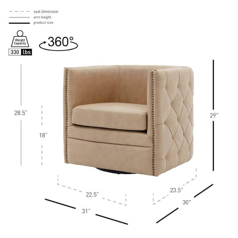 Top Grain Leather Tufted Swivel Barrel Accent Chair Cream Brown