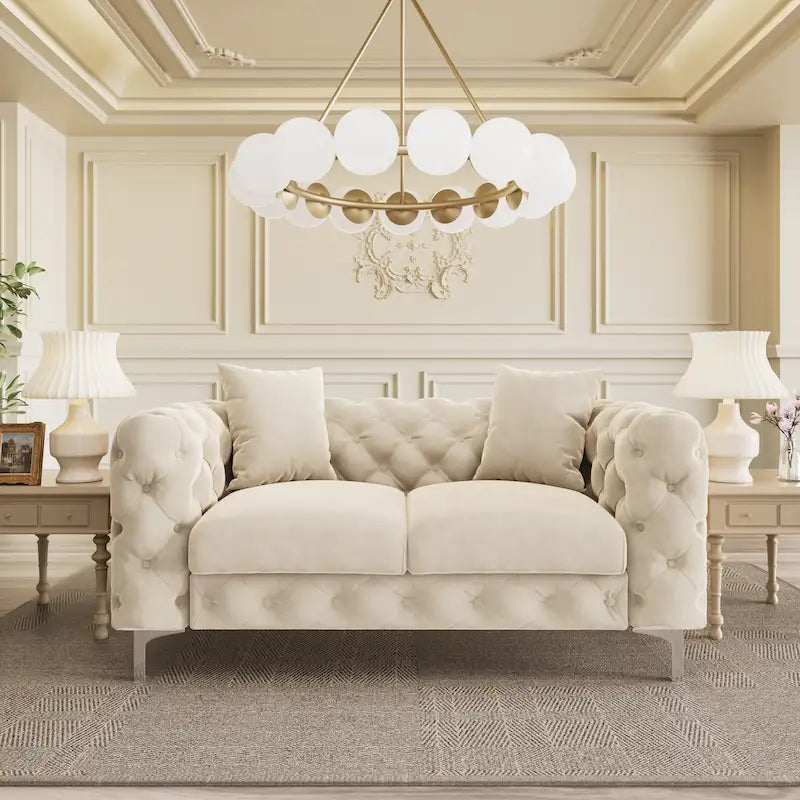 Velvet Tufted Loveseat Sofa with Solid Wood Frame and Metal Legs