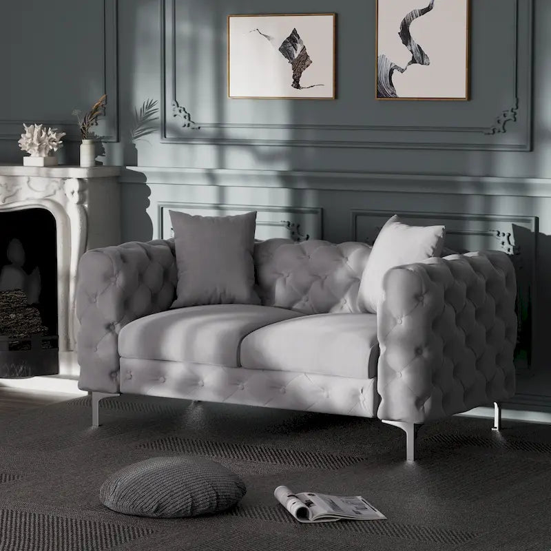 Velvet Tufted Loveseat Sofa with Solid Wood Frame and Metal Legs
