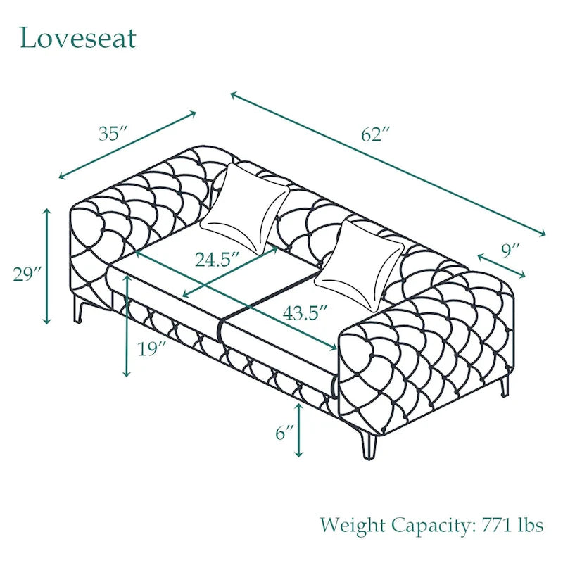 Velvet Tufted Loveseat Sofa with Solid Wood Frame and Metal Legs
