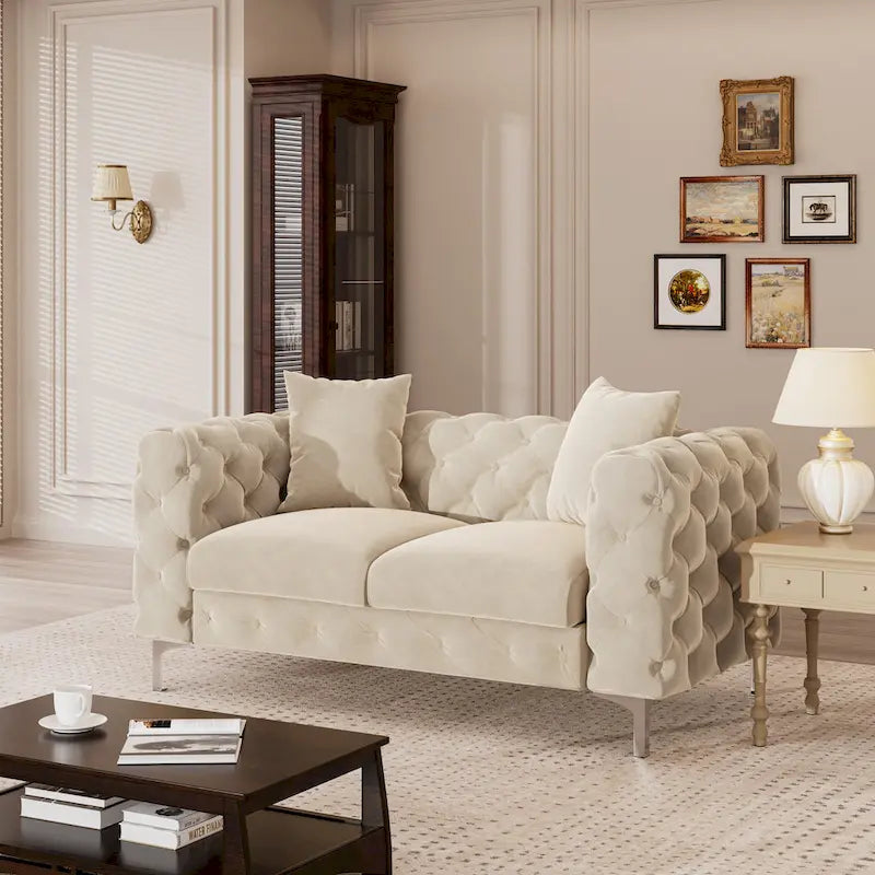 Velvet Tufted Loveseat Sofa with Solid Wood Frame and Metal Legs