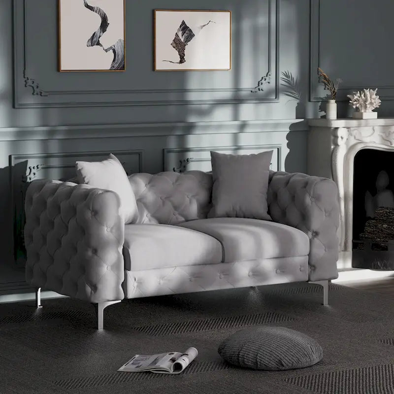 Velvet Tufted Loveseat Sofa with Solid Wood Frame and Metal Legs