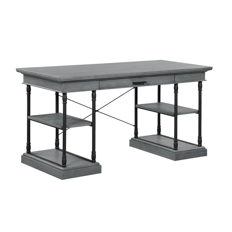 Industrial Mid-Century Wood and Metal Writing Desk with Open Shelves