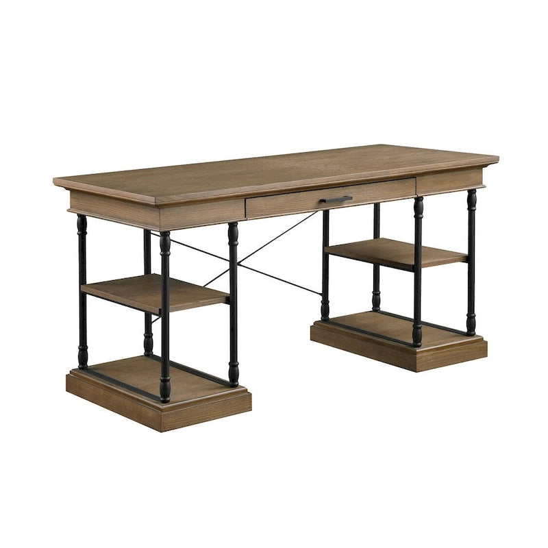 Industrial Mid-Century Wood and Metal Writing Desk with Open Shelves