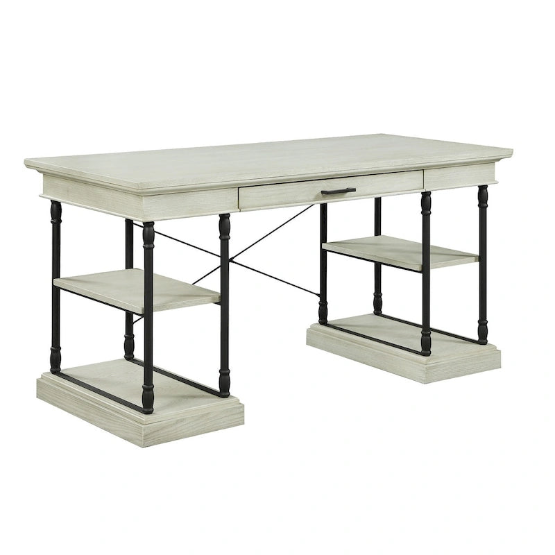Industrial Mid-Century Wood and Metal Writing Desk with Open Shelves