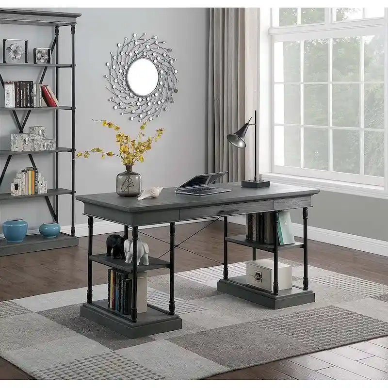 Industrial Mid-Century Wood and Metal Writing Desk with Open Shelves