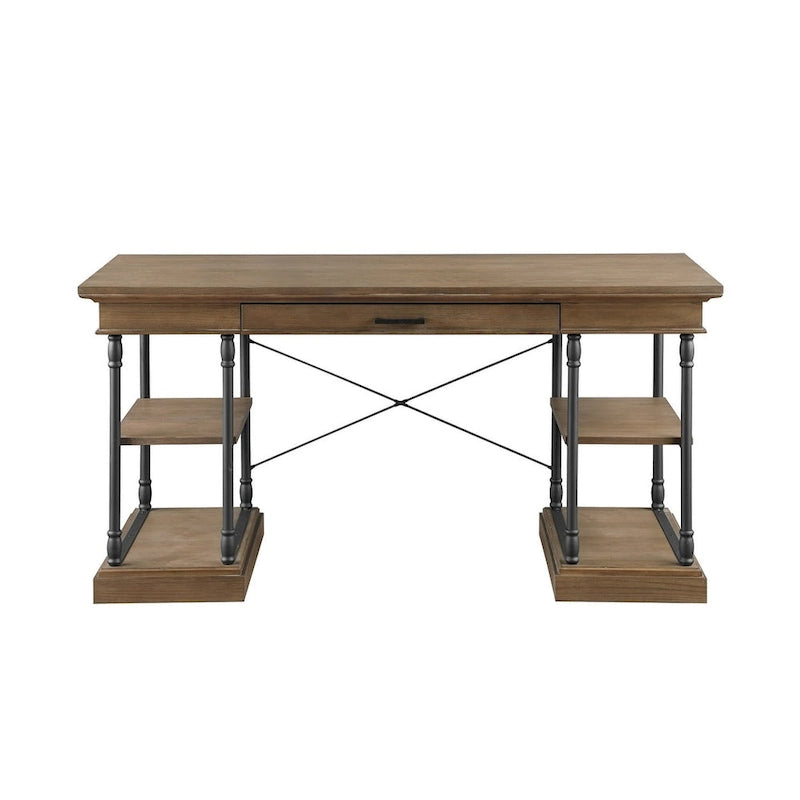 Industrial Mid-Century Wood and Metal Writing Desk with Open Shelves