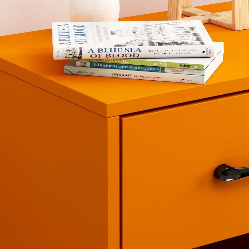 Modern Hairpin Leg Nightstand with Drawer and Open Shelf, Black Orange White