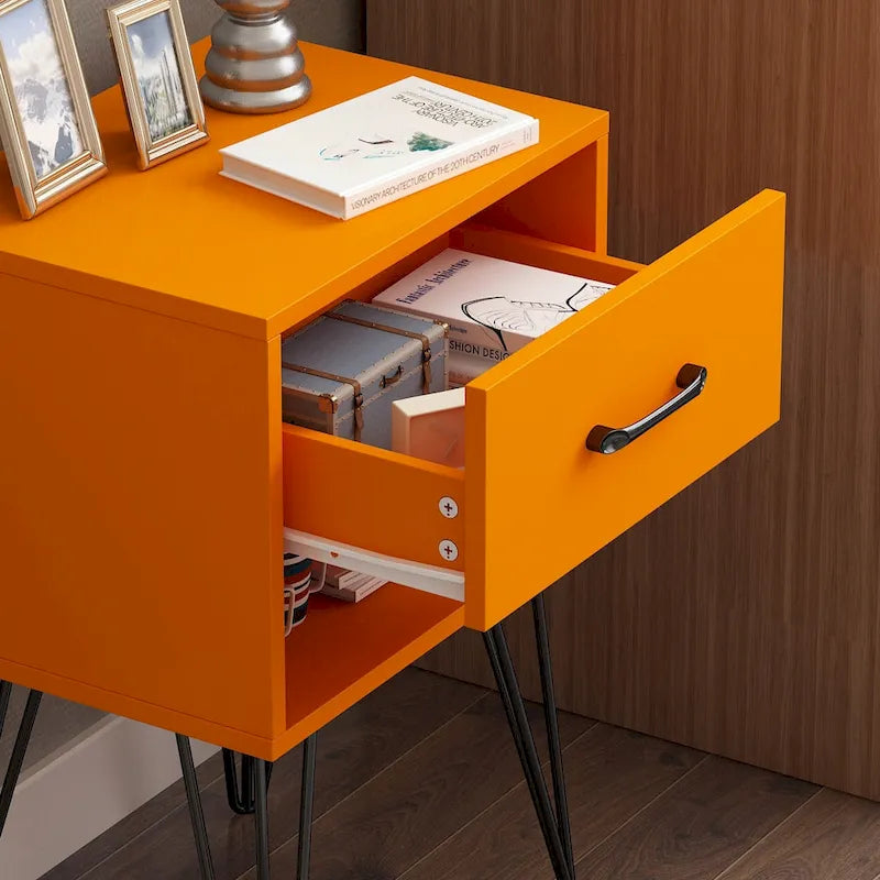 Moderner Nachttisch mit Haarnadelbeinen, Schublade und offenem Ablagefach, Schwarz Orange Weiß