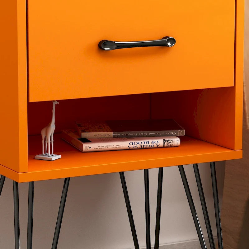 Moderner Nachttisch mit Haarnadelbeinen, Schublade und offenem Ablagefach, Schwarz Orange Weiß