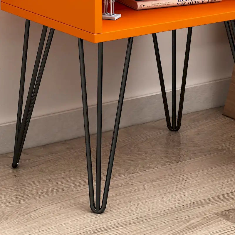 Moderner Nachttisch mit Haarnadelbeinen, Schublade und offenem Ablagefach, Schwarz Orange Weiß