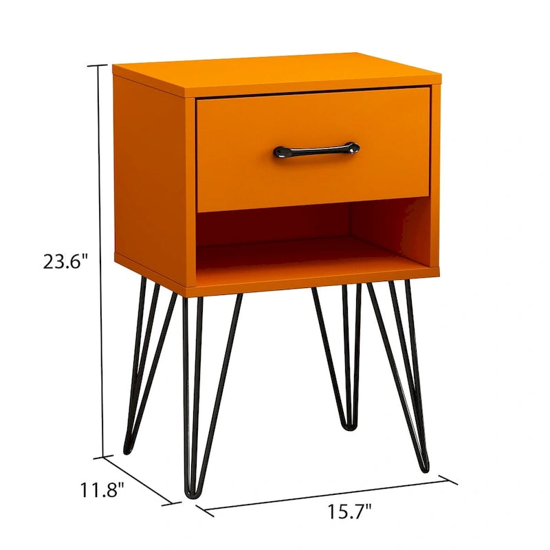 Moderner Nachttisch mit Haarnadelbeinen, Schublade und offenem Ablagefach, Schwarz Orange Weiß