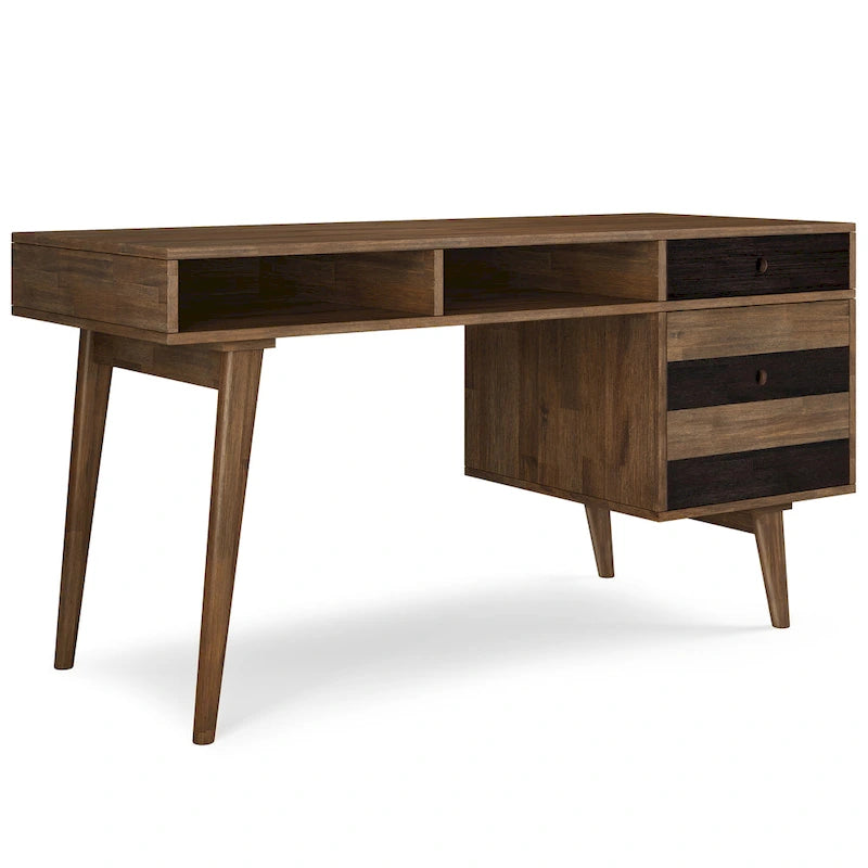 Solid Wood Mid-Century Modern 60 Inch Wide Desk with Drawers Rustic Brown